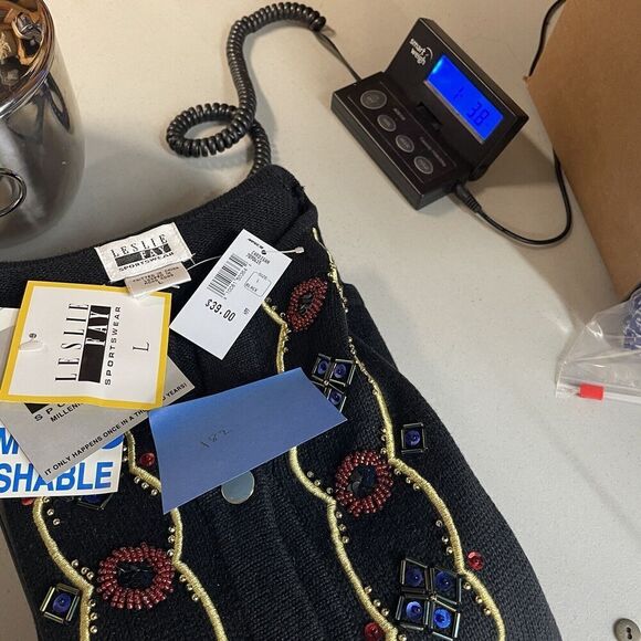 Leslie Fay Vintage Women Large Black Sweater Beaded Embellished Sequin Cardigan - Picture 15 of 15